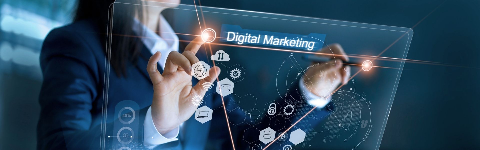 Businesswoman using virtual interface for digital marketing strategy