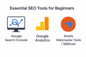 “SEO tools infographic featuring Google Search Console, Google Analytics, Ahrefs, and SEMrush”