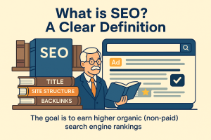 “Illustration explaining what SEO is, showing books labeled title, site structure, and backlinks beside search results.”