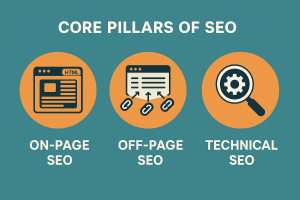 "Core pillars of SEO infographic featuring on-page, off-page, and technical SEO icons"
