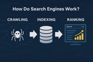 Infographic explaining crawling, indexing, and ranking in search engines