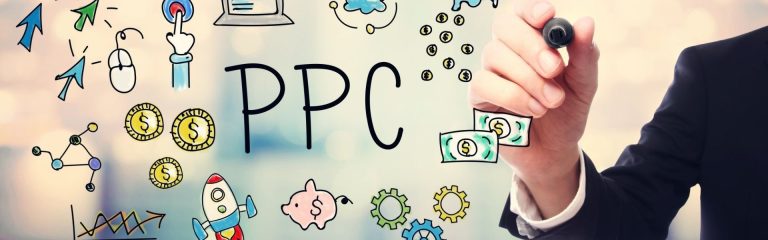 Hand drawing PPC elements with doodles of money icons, mouse clicks, arrows, rocket, gears, and digital marketing symbols