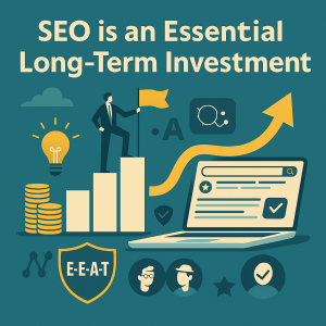 “SEO long-term investment infographic with growth chart and E-E-A-T icons”