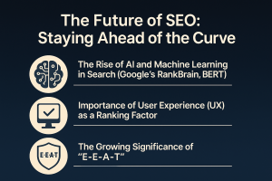 “SEO future trends infographic with AI, UX, and E-E-A-T icons”