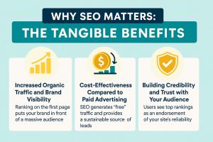 “Infographic explaining benefits of SEO including organic traffic, cost-effectiveness, and credibility”