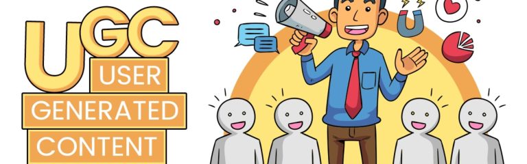 Illustration showing user generated content concept with community engagement and brand communication