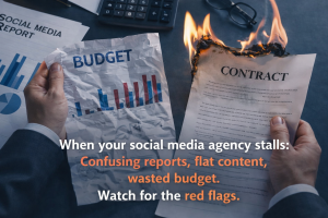 Business owner reviewing social media budget and contract showing wasted spend and poor agency performance