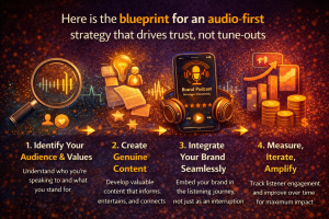 Audio-first marketing blueprint showing audience research, content creation, brand integration, and performance measurement