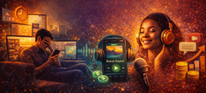 Contrast between screen fatigue and audio engagement using podcasts, branded playlists, and headphones