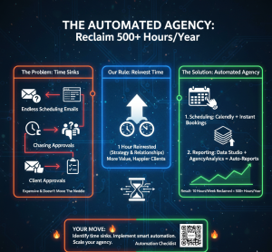 Infographic showing the transition from agency time sinks like endless emails to automated scheduling and reporting solutions.