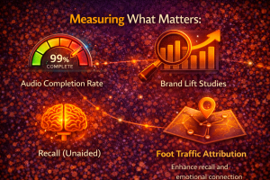 Audio marketing performance metrics showing completion rate, brand lift, recall, and foot traffic attribution