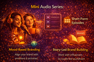 Mini audio series marketing with short-form episodes and narrative-driven brand storytelling