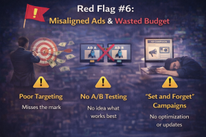 Misaligned social media ads showing poor targeting, no A/B testing, and wasted advertising budget