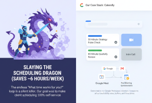 Illustration of a knight fighting a dragon next to a digital interface showing automated meeting types and integrations.