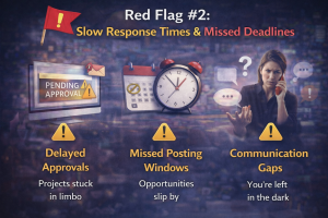 Illustration showing delayed approvals, missed posting windows, and communication gaps in social media management