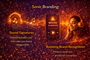 Sonic branding visuals with sound signatures, brand audio cues, and emotional connection through music