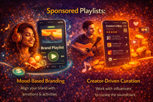 Sponsored music playlists featuring brand playlists, creator curation, and mood-based audio branding on streaming platforms