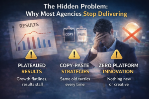 Social media agency performance issues showing plateaued results, copy-paste strategies, and lack of innovation