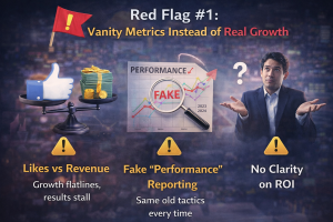 Graphic comparing social media likes versus revenue with fake performance reporting and unclear ROI