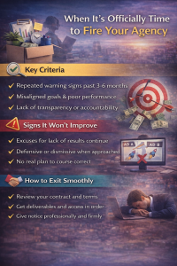 Business owner reviewing warning signs and planning a professional exit from an underperforming social media agency
