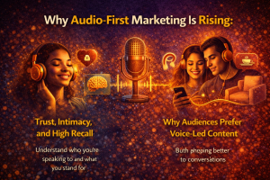 Audio-first marketing illustration showing headphones, microphone, sound waves, and emotional connection symbols
