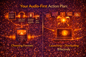 Audio-first marketing action plan showing podcast formats, branded segments, mini-series, and distribution strategy