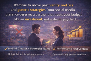 Business professionals reviewing social media performance, highlighting the shift from vanity metrics to investment-focused strategy