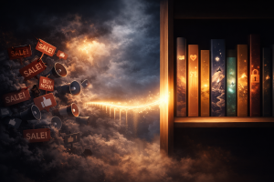 Brand storytelling strategy visual showing transition from sales noise to meaningful stories