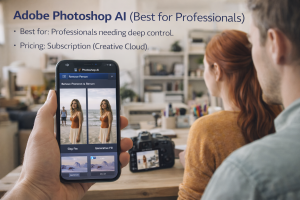 Adobe Photoshop AI interface showing generative fill and object removal on a smartphone screen