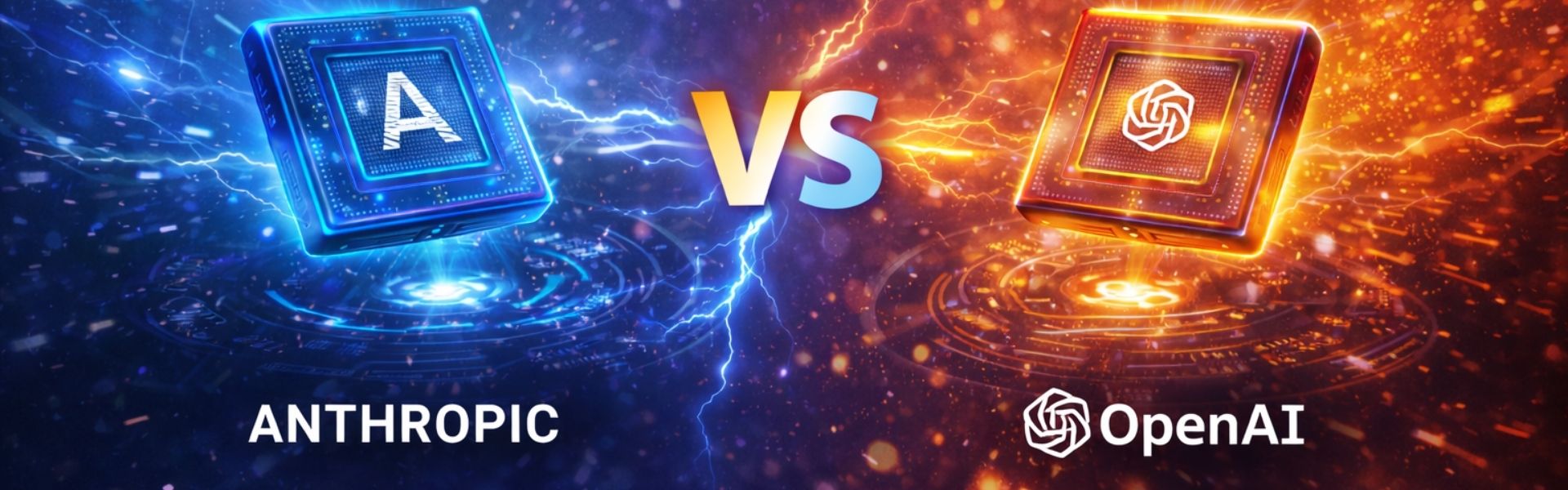 Anthropic and OpenAI AI chips facing off with lightning effects in a futuristic tech battle scene