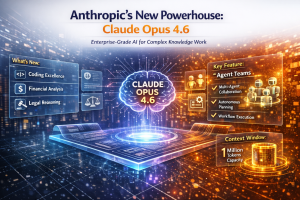 Futuristic AI brain labeled Claude Opus 4.6 with enterprise features like coding, finance, and legal reasoning