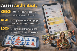 Smartphone showing social media comments with tips to check fake followers and assess genuine influencer engagement
