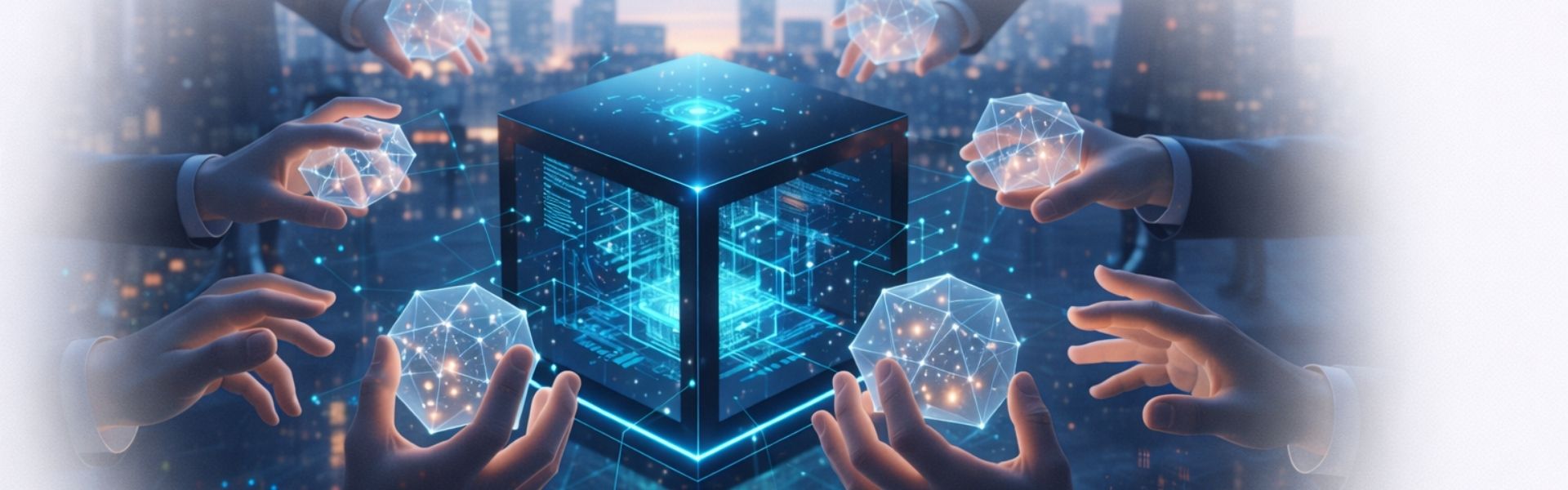 An artistic digital illustration showing multiple hands holding glowing geometric data points around a central translucent 'black box' cube, representing AI transparency and collaboration in a futuristic city setting.