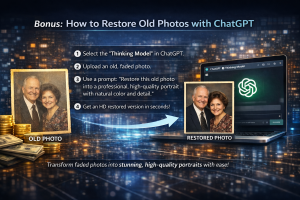 AI restoring an old faded family photo into a high-quality portrait using ChatGPT