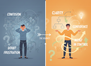 Customer journey transformation from confusion and doubt to clarity and confidence