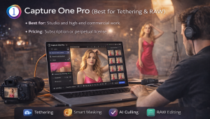 Photographer using Capture One Pro AI for tethered shooting and RAW photo editing in studio