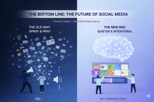 A split-screen illustration titled "The Bottom Line: The Future of Social Media." The left side, "The Old Way: Spray & Pray," shows a person shouting into a megaphone at another person overwhelmed by a chaotic cloud of notifications and icons.