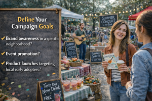 Two people discussing at a local market event with campaign goals for brand awareness, event promotion, and product launches