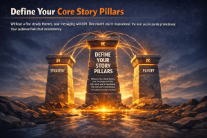 Core story pillars concept shown as glowing pillars supporting brand messaging