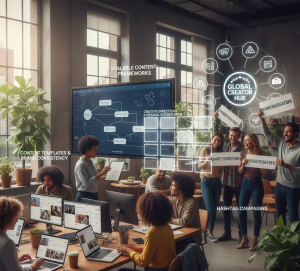 Creative team collaborating on scalable content frameworks, hashtag campaigns, and brand-consistent templates