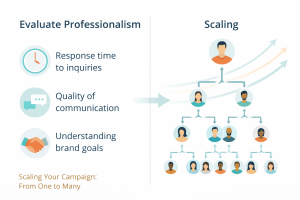 Infographic showing response time, communication quality, and understanding brand goals for influencer professionalism