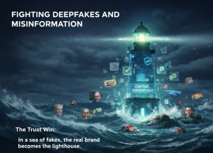 Lighthouse made of digital data standing against waves of deepfakes and fake content