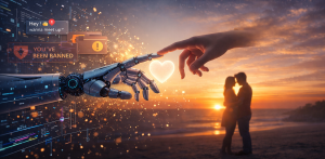 AI and human connection symbolized by robot and human hand with heart