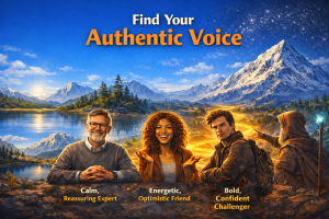 Diverse brand voices representing expert, optimistic friend, and confident challenger