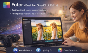 User editing a photo in Fotor with AI auto enhance and lighting correction tools