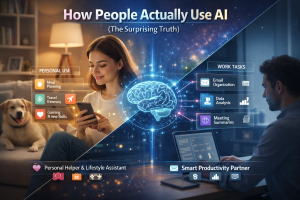 Split-screen showing personal and work use of AI including meal planning, travel, email, and data analysis
