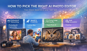 Infographic showing how to choose the right AI photo editor based on tasks like retouching, creativity, image quality, and bulk automation