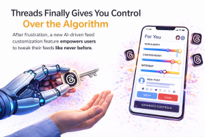 A robotic hand holding a digital key branded with the Threads logo, extending it toward a human hand. Next to them, a smartphone displays the Threads "For You" feed with adjustable sliders for Popularity, Controversy, and Interest.
