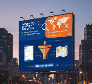 Billboard graphic showing influencer tracking with UTM links, discount codes, geographic impact, and ROI growth
