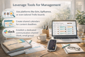 Workspace with laptop, Trello board, Slack, calendar, and influencer management tools for campaign coordination